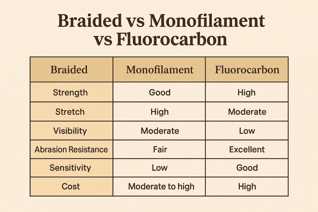 Braided vs Monofilament vs Fluorocarbon fishing line comparison